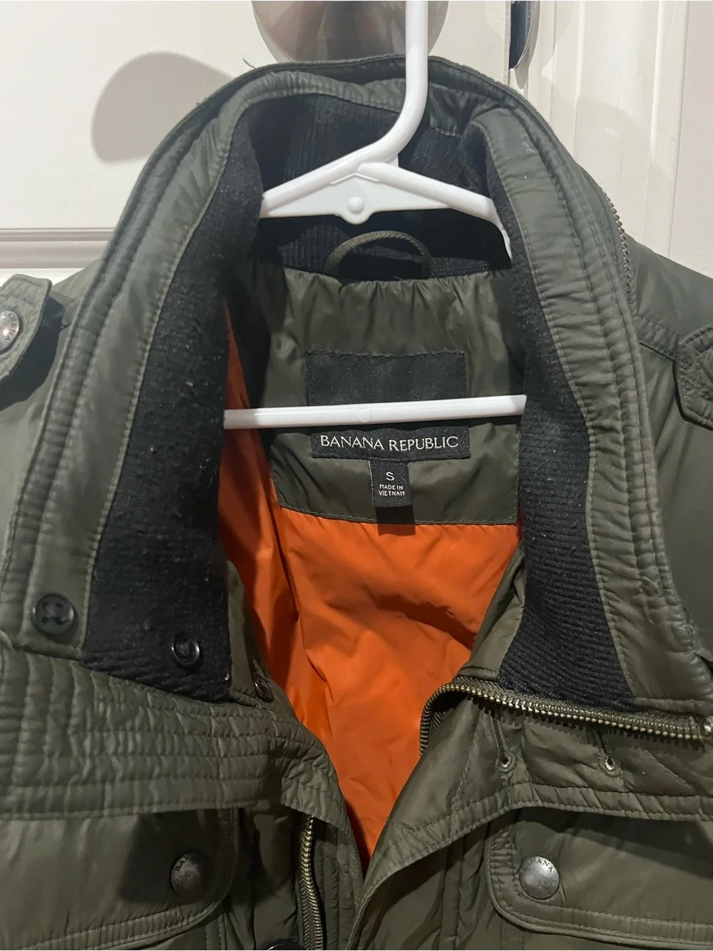 Banana Republic Men's Olive Green Military Field Jacket with Orange Lining